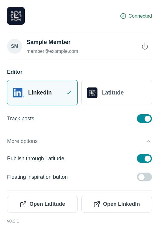 Latitude Chrome extension with a connected sample account, LinkedIn editor selected, Track posts and Publish through Latitude enabled, and version 0.2.1.
