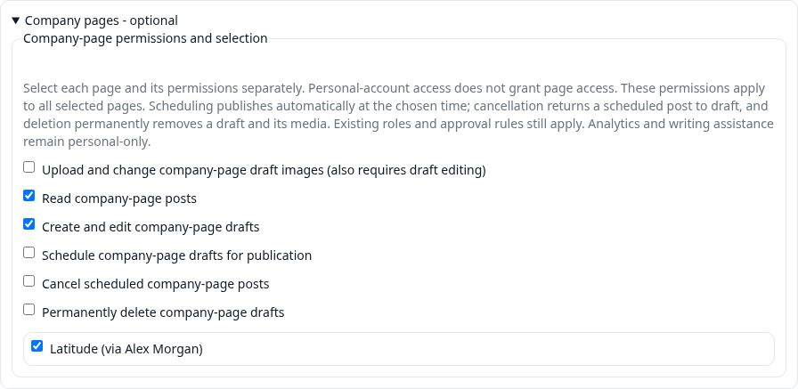 Current Latitude Company Page permissions with Latitude selected, Read company-page posts and Create and edit company-page drafts checked, and optional image, scheduling, cancellation and deletion permissions unchecked.