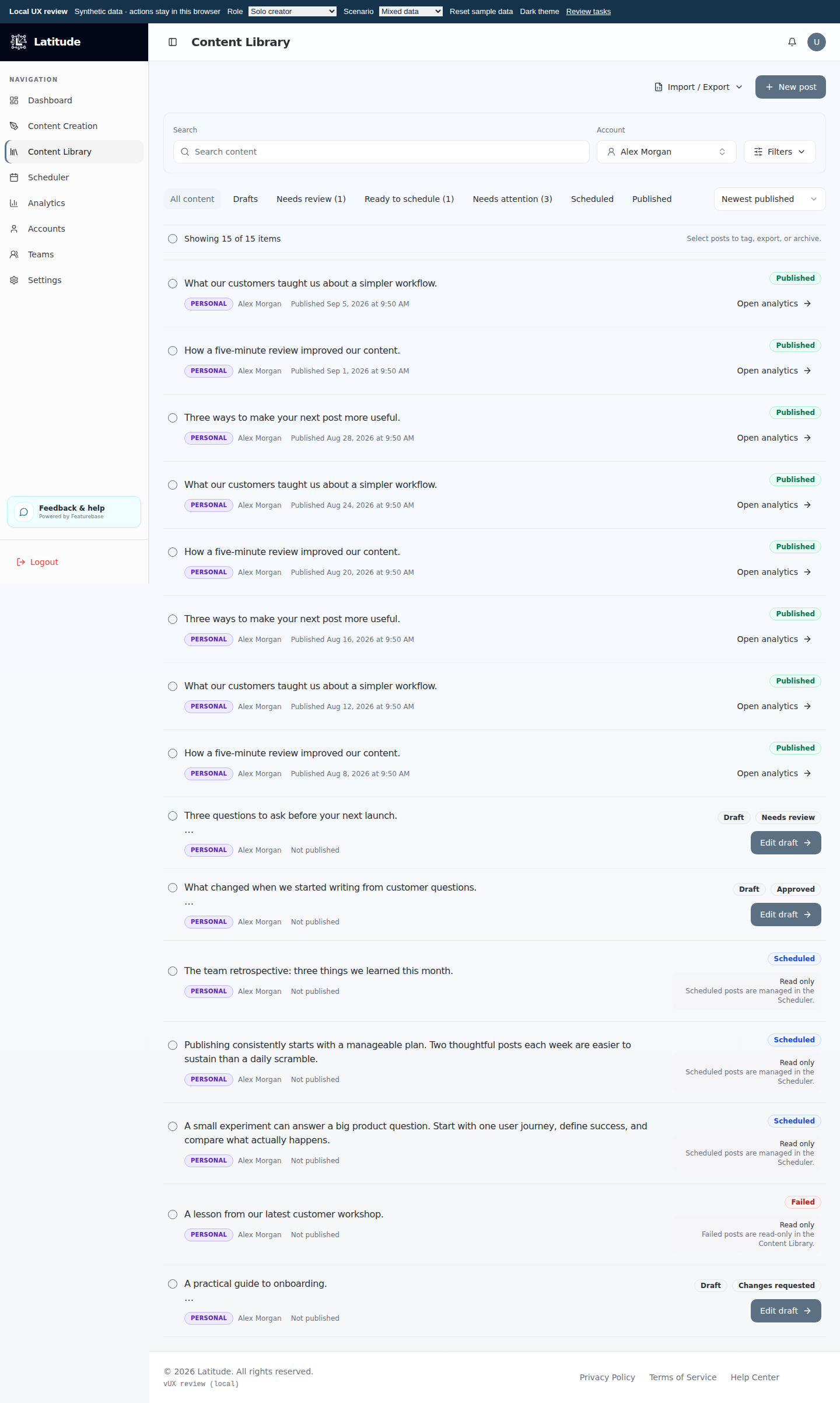 The revised Content Library grouping posts by the next decision and showing direct actions and plain-language explanations.