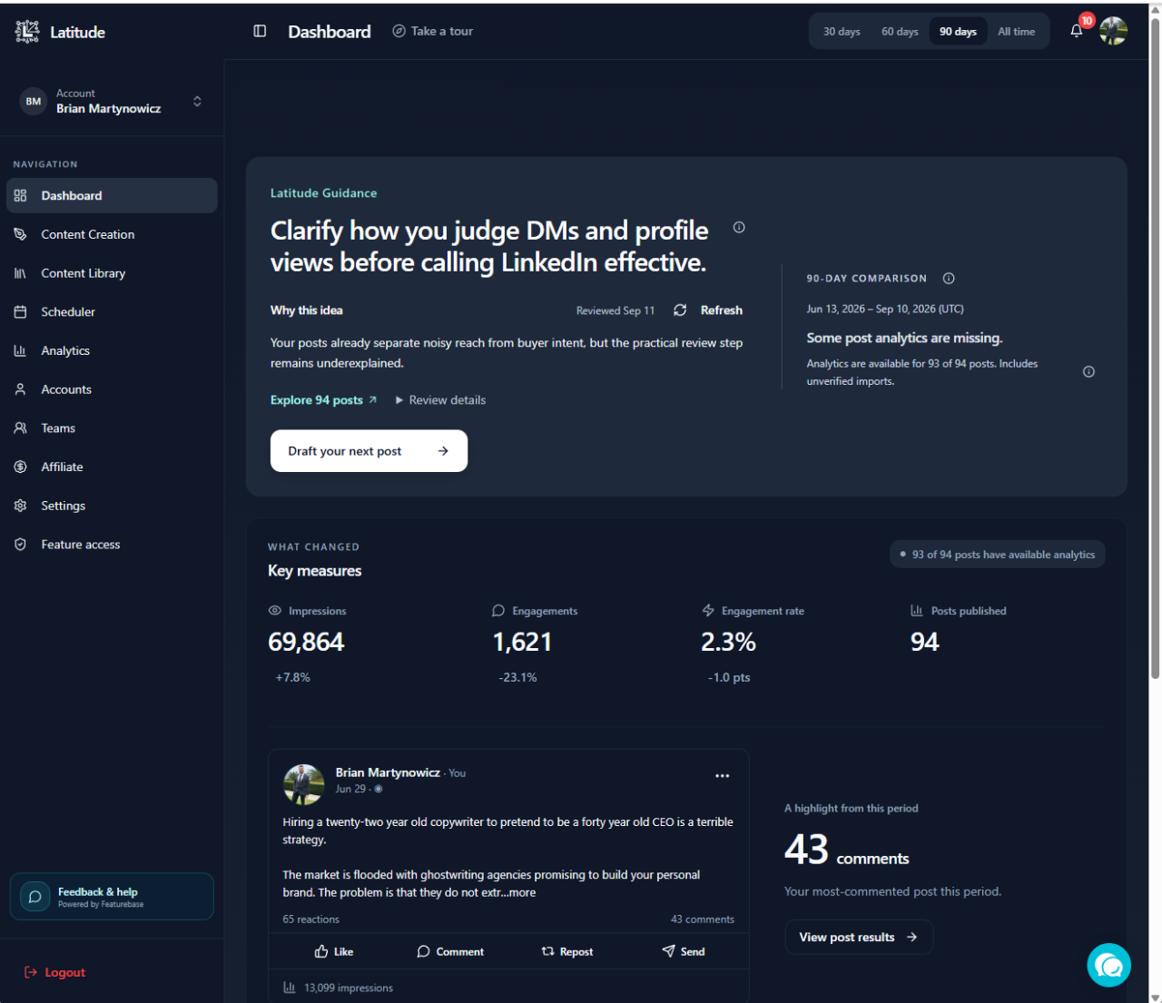 The original Latitude Dashboard showing the hard-to-understand recommendation about direct messages, profile views, and LinkedIn effectiveness.
