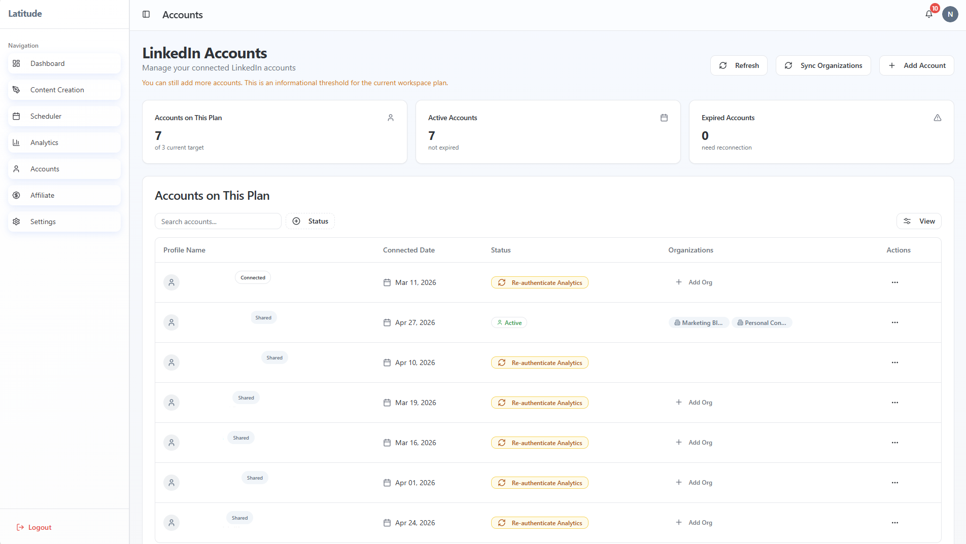 Adding additional LinkedIn accounts in Latitude
