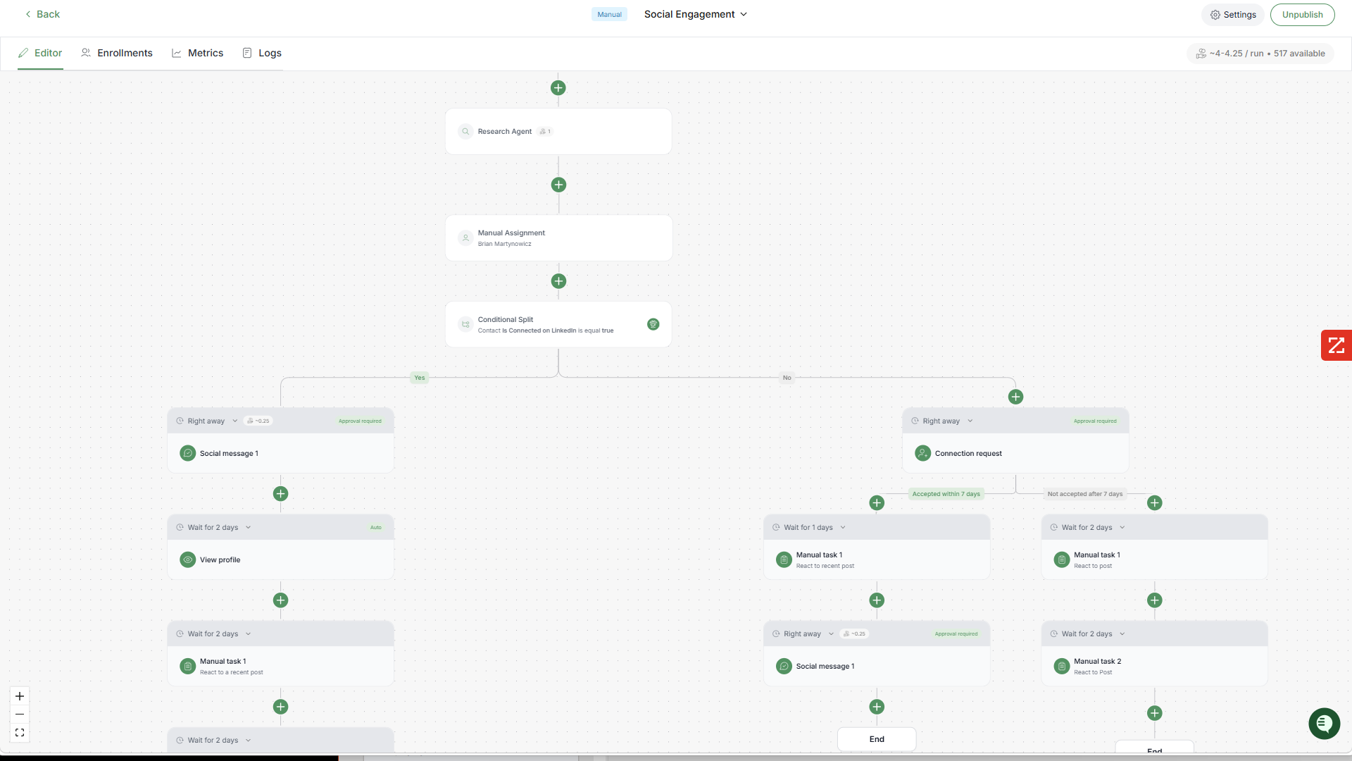FirstTouch flow builder showing social engagement routed through a HubSpot-native workflow