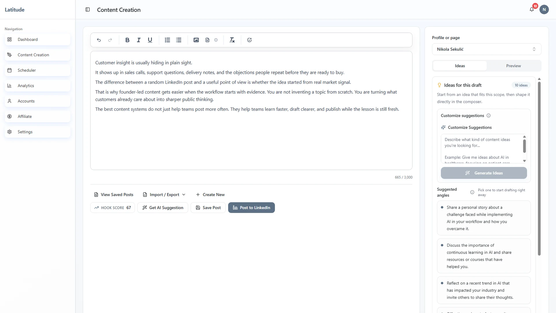 Latitude ideation workspace showing LinkedIn content ideas