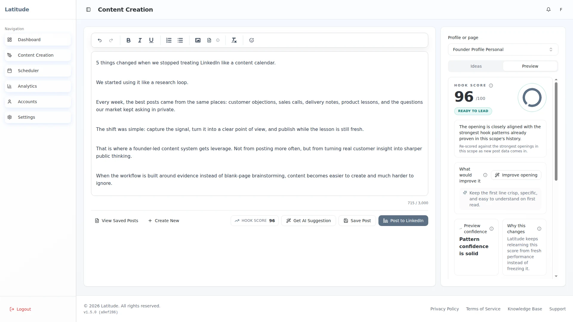 Latitude create workspace showing a LinkedIn post hook score preview