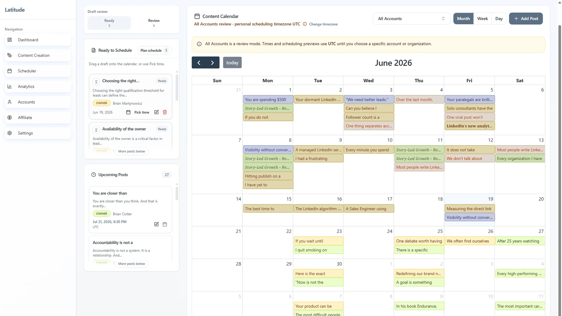 Latitude launch calendar showing a multi-user LinkedIn publishing schedule