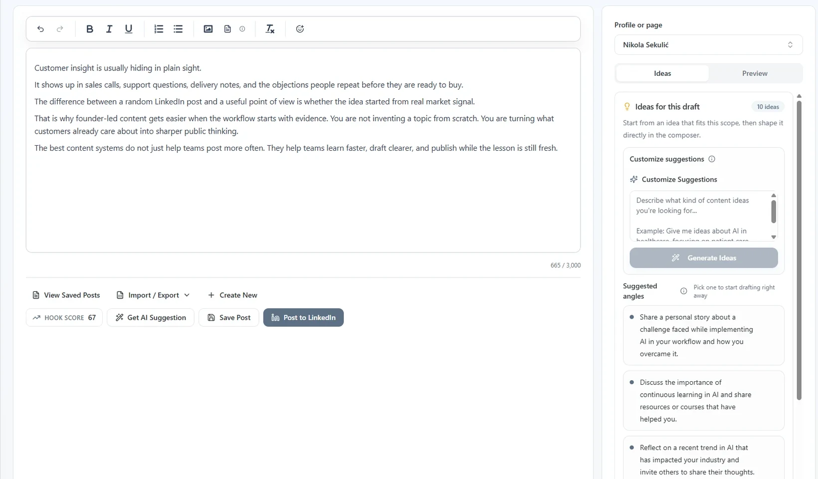 Focused Latitude workspace showing suggested content ideas grounded in the user's source material