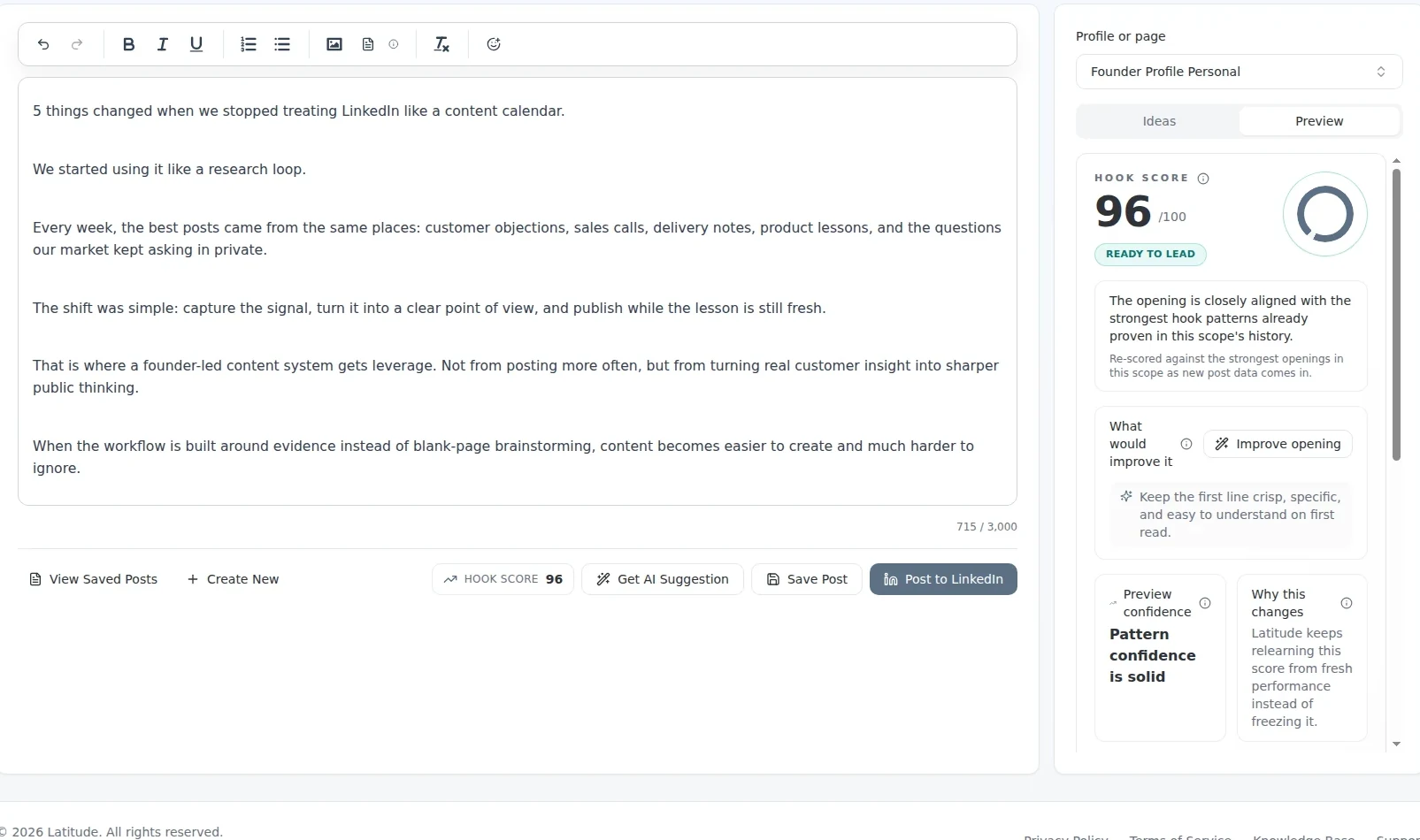 Focused Latitude editor showing a LinkedIn post draft and a 96 hook score