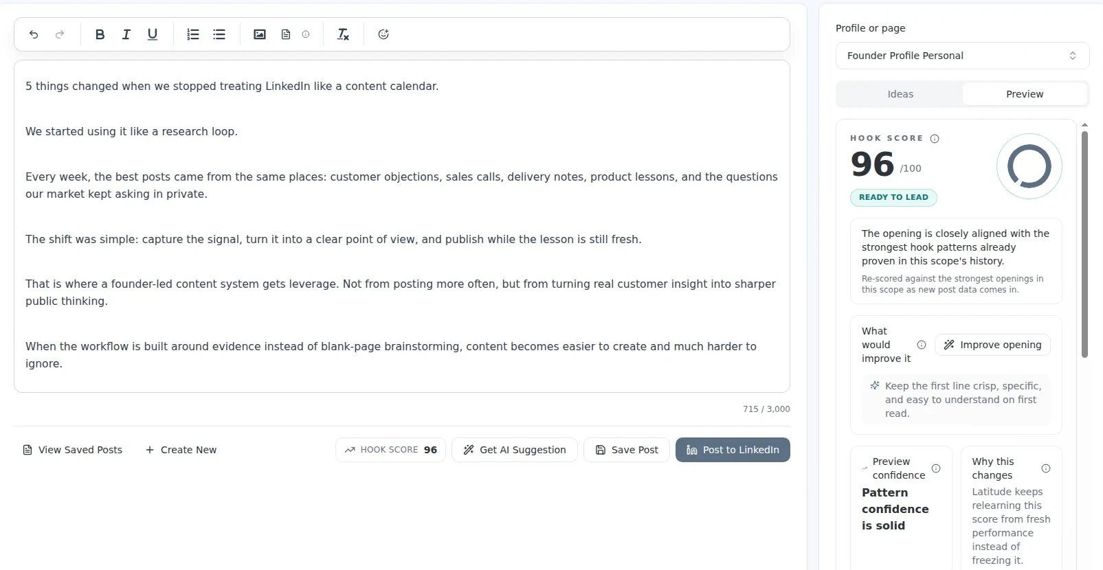 Focused Latitude editor view showing a LinkedIn draft, a 96 hook score, and suggestions to improve the opening