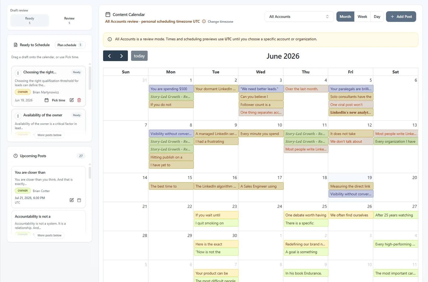 Focused Latitude publishing calendar showing scheduled LinkedIn posts across connected accounts