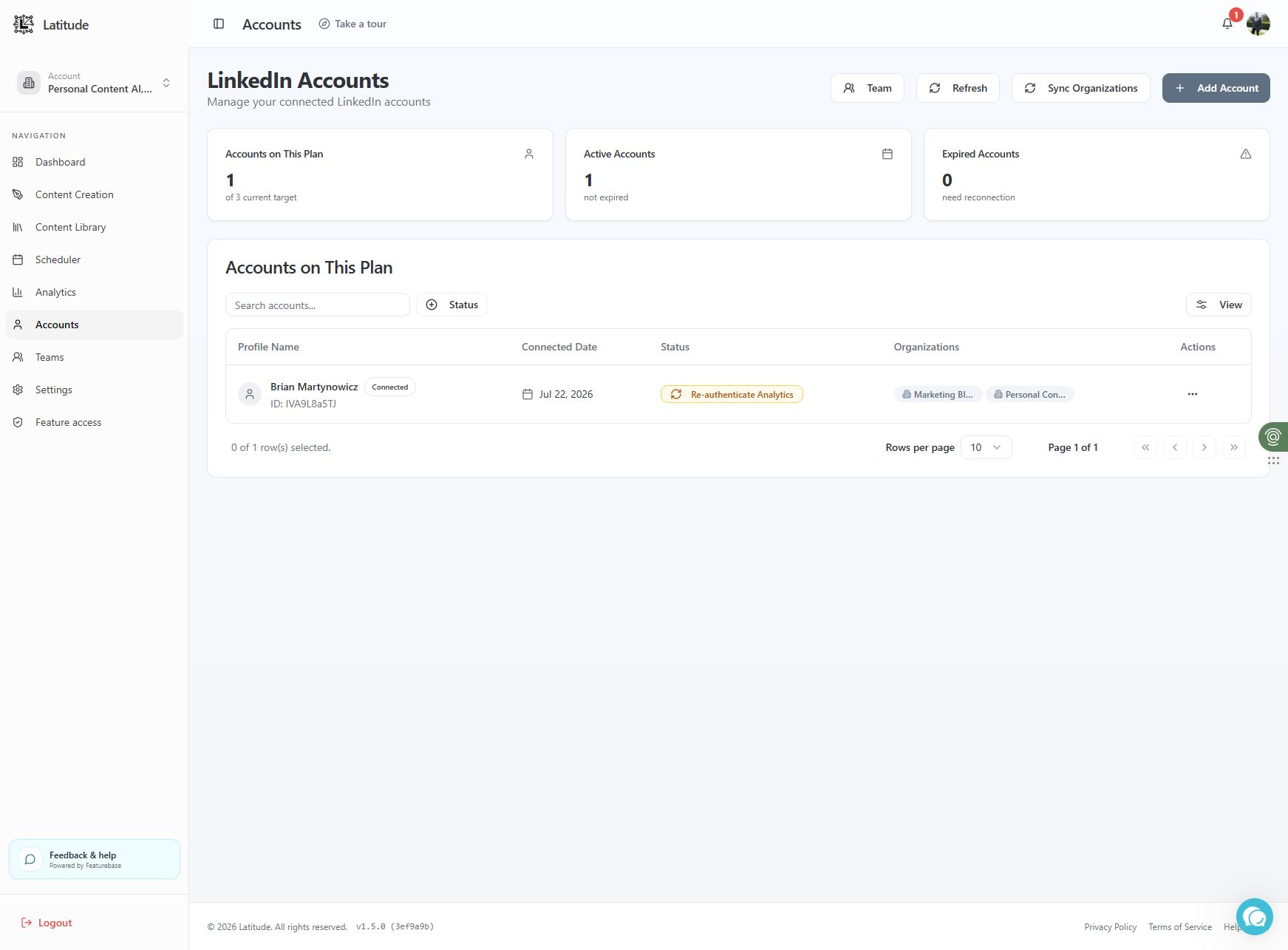 Current Latitude Accounts view for managing connected profiles and organizations