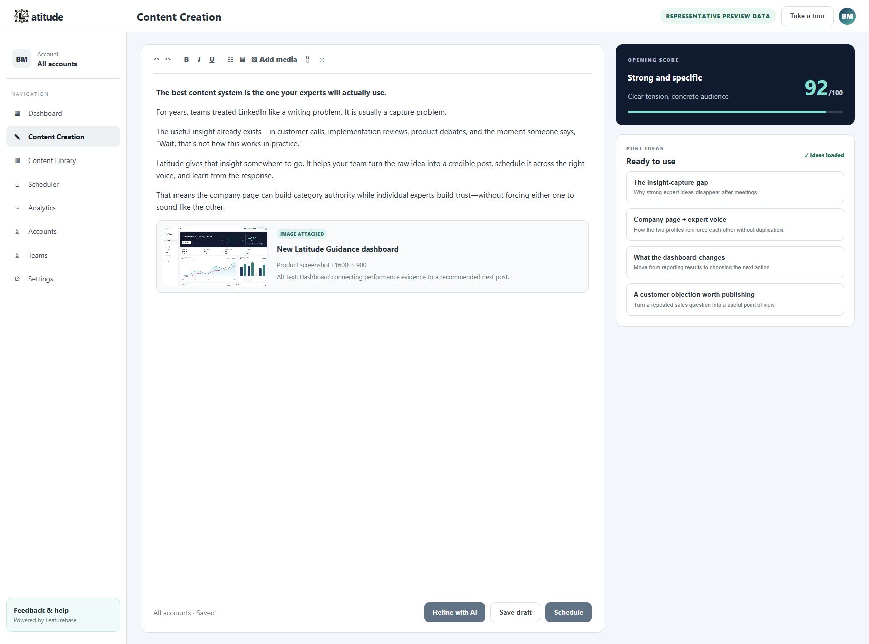 Current Latitude Content Creation workspace with editor, opening score, and guidance