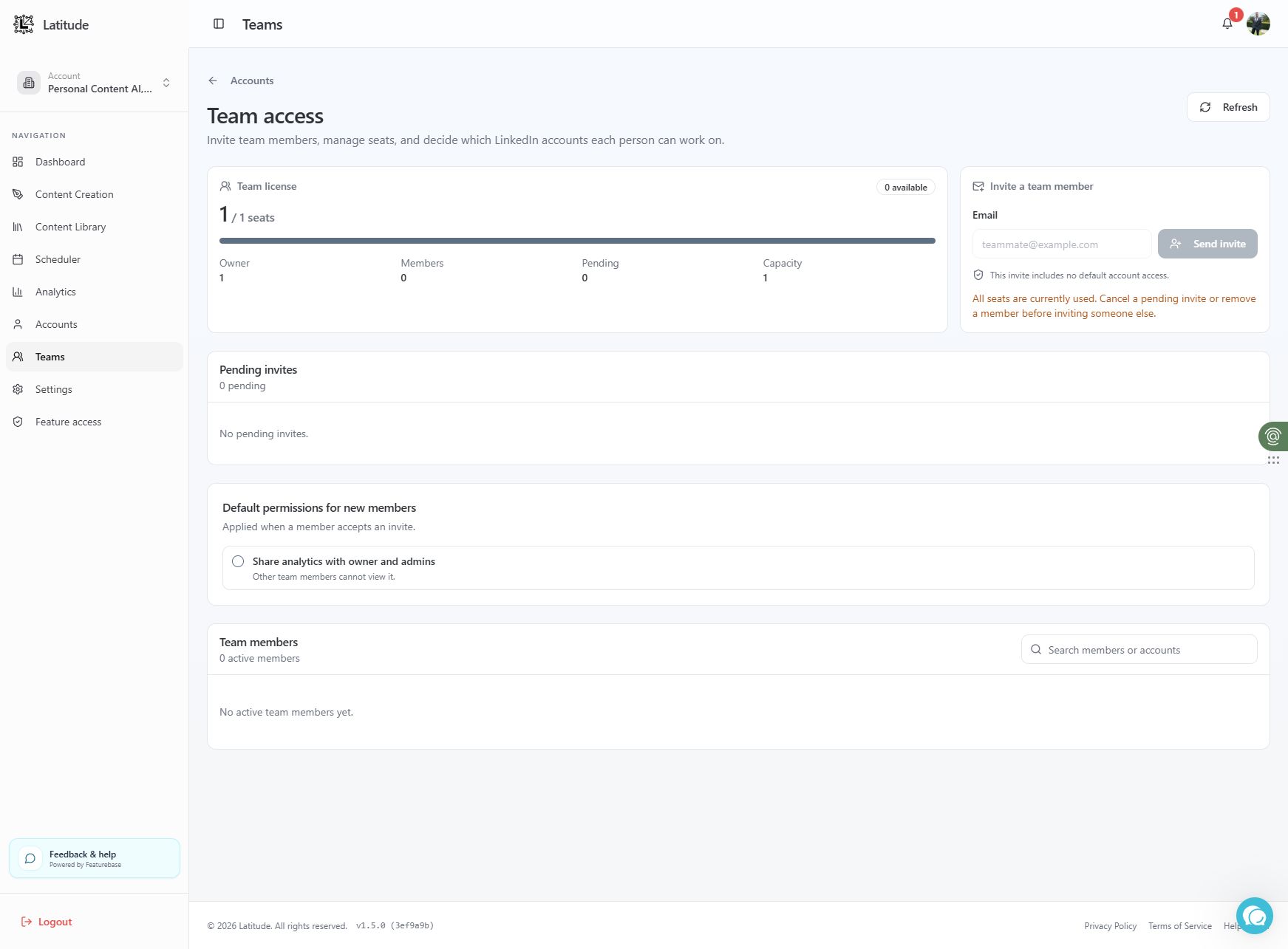 Current Latitude Team access view with seats, invitations, permissions, and member management